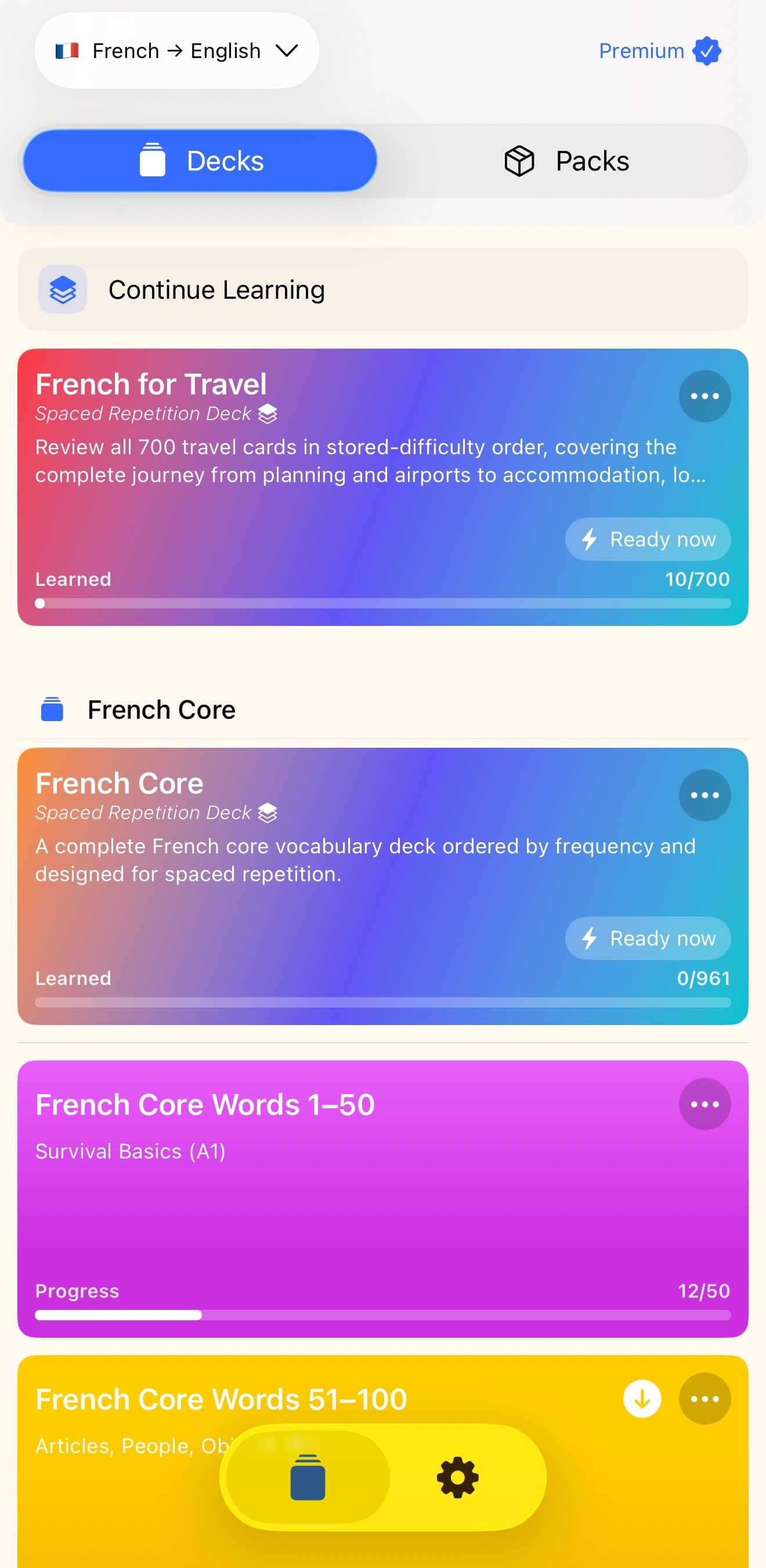 Choosing the French Core vocabulary pack in Cardernir