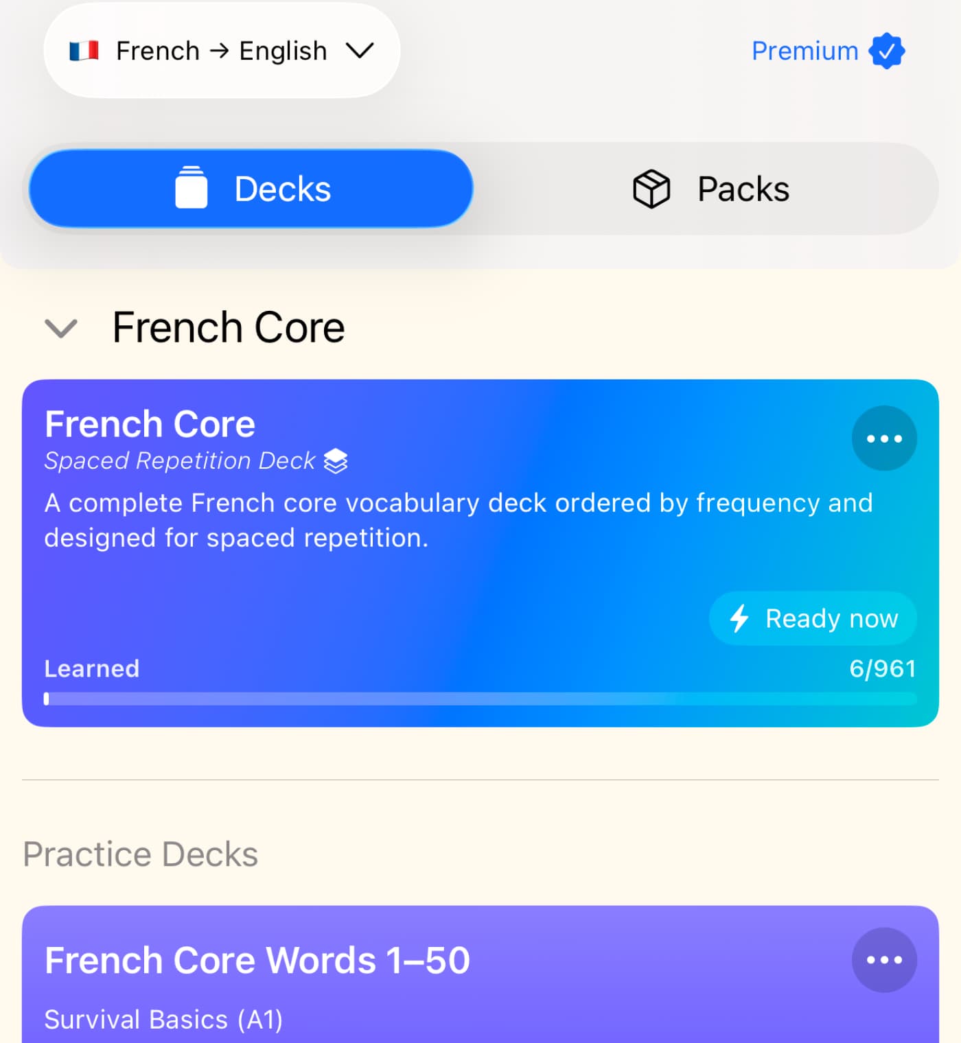 Choosing a language deck in Cardernir