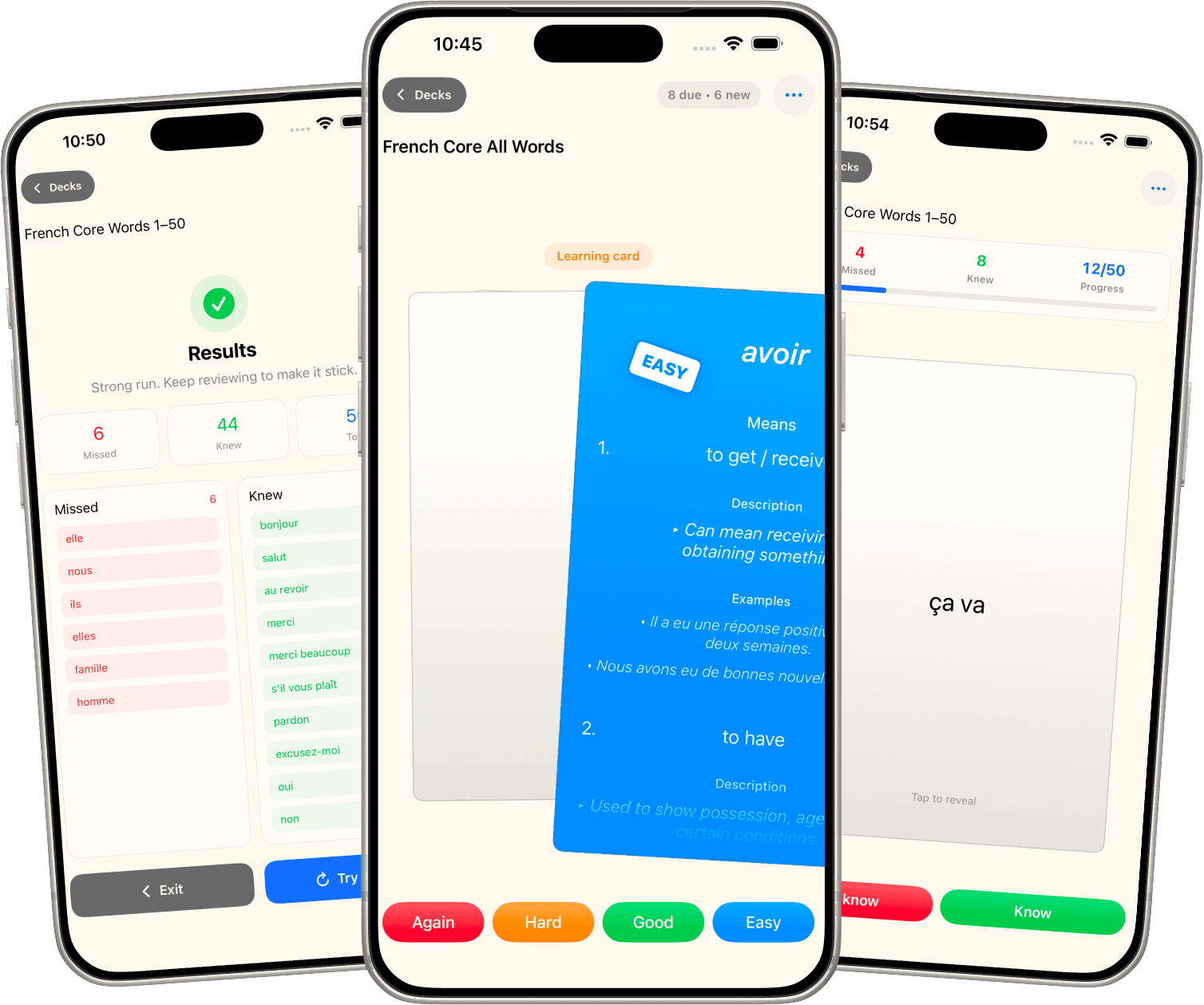Cardernir language deck and flashcard screens